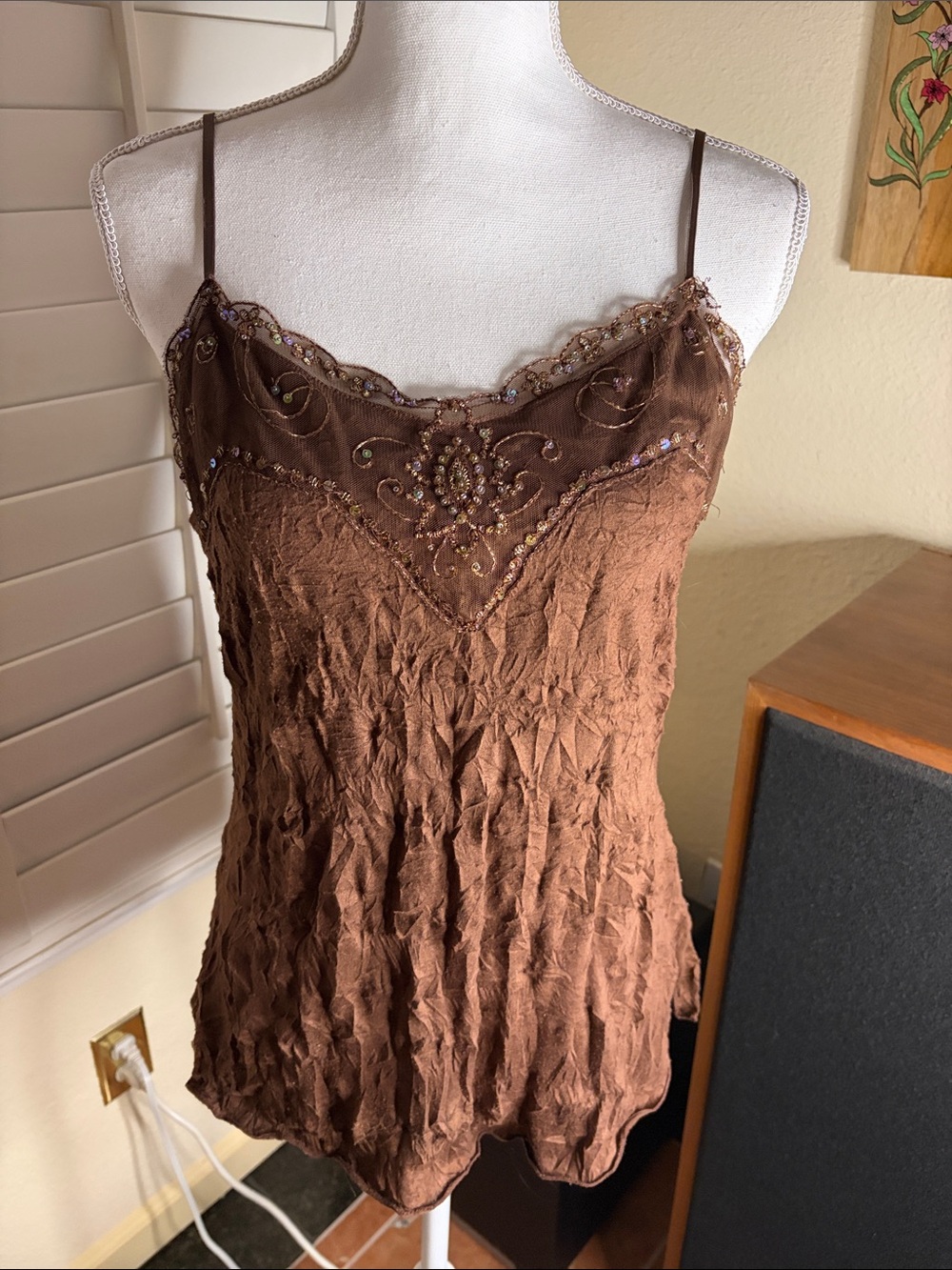 🤎💙Xhilaration Long Brown Beaded Camisole W/Brown Lace Top & Hemline Sz XL